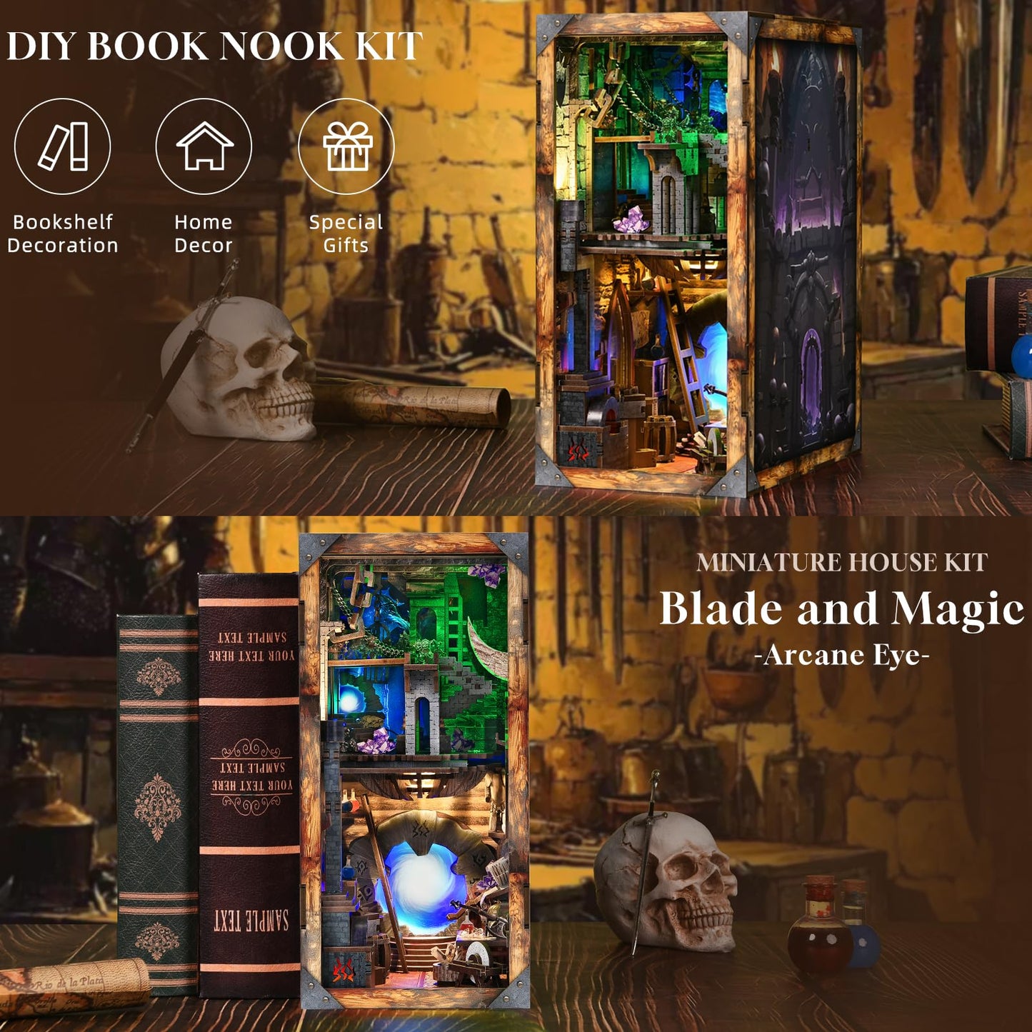 CCCDF DIY Book Nook Kit, DIY Miniature Dollhouse Booknook Kit, 3D Wooden Puzzle Bookend Bookshelf Insert Decor with LED Light for Teens and Adults (Blade and Magic)