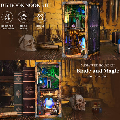 CCCDF DIY Book Nook Kit, DIY Miniature Dollhouse Booknook Kit, 3D Wooden Puzzle Bookend Bookshelf Insert Decor with LED Light for Teens and Adults (Blade and Magic)