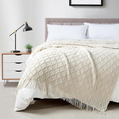 BOURINA Beige Throw Blanket 50 x70 Inches Jacquard Argyle Throw Textured Solid Soft Throws and Blankets for Sofa or Bed Knitted Decorative Blanket