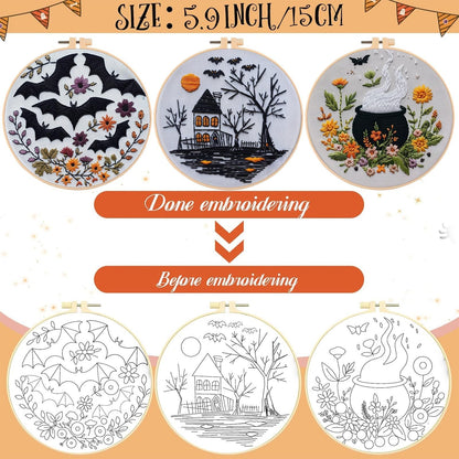 【Beginner Friendly Embroidery】 3 Set Halloween Embroidery Kit, Gothic Embroidery Starter Kit, DIY Stamped Cross Stitch Kits for Adults with Needles and Thread Included
