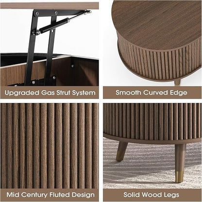 Oval Coffee Table with Storage, 42.5” Fluted Coffee Table with Lifting Top & Solid Wood Legs, Modern Lift Up Center Table for Living Room, Home Office, Walnut