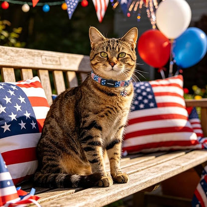 2 Pack Independence Cat Collars,Pink American Flag Cat Collar with Bell Breakaway Adjustable for 4th of July Independence Day，Adjustable Kitten Collar 7-12 Inch
