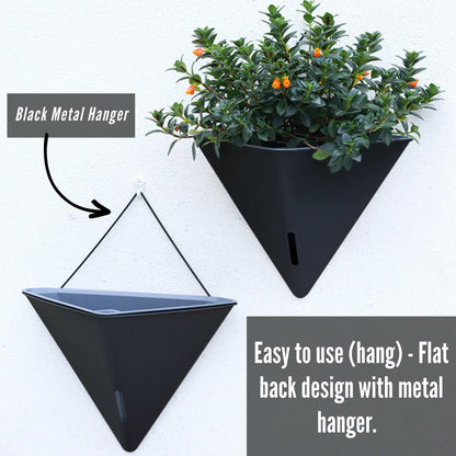 LaLaGreen Bundle - 12" x 2 Pack Gray + 12" x 2 Pack Black Large Self Watering Geometric Hanging Flower Vase Vessel with Metal Hanger, Modern Stylish Wall Mounted Succulent Pot Holder Decor