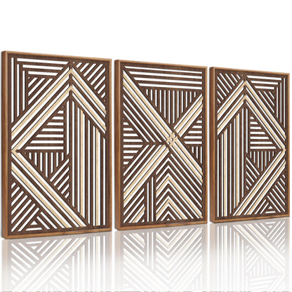 CHDITB Boho Geometric Wood Wall Art(Set of 3, 16"x24"), Large Modern Wooden Panel Hollow Line Art Decor, Rustic Abstract Minimalist Wall Hanging Artwork for Bedroom Living Room Office