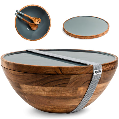 Large Wooden Salad Bowl Set 12.5 Inch with Serving Utensils, Tray Lid and Carry Strap. Acacia Wood Large Salad Bowls Ideal for Fruits and Dishes, Wooden Bowls for Food, Serving and Fruit Bowl