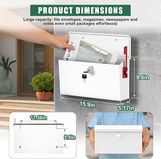 Large Wall Mount Mailbox for Outside with Flag, Locking Mailbox Wall Mounted, Galvanized Steel Rustproof Metal Mailbox, Modern Mail Box for House Outside, White, 15.9''x9.6''x5.2''