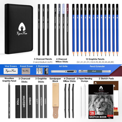 VigorFun Art Supplies, Sketching & Drawing Pencils Art Kit with 2 Sketch Pads, Professional Artists Drawing Supplies Set Includes Graphite, Charcoals, Kneaded Eraser for Adults (42 Pieces)