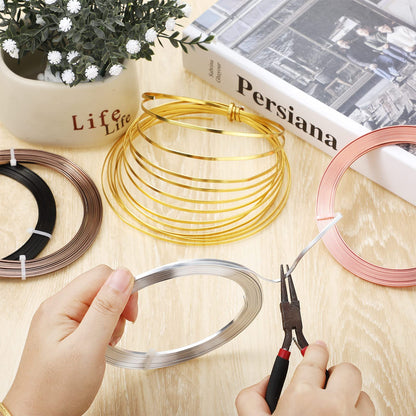 Hotop 5 Rolls Flat Aluminum Wire Bendable Anodized Craft Wire for Jewelry Making Soft Metal for DIY Bezel Sculpting, 16.4 Feet 3 mm, Gold, Silver, Black, Light Copper, Brown