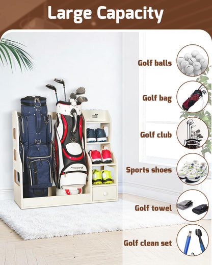 Mythinglogic Double Golf Bag Storage Rack for 2 Bags, Wooden Golf Organizer with Shoe Shelves, Ball Holder & Drawer, MDF Golf Equipment Storage Cabinet for Home, Garage or Simulator Room