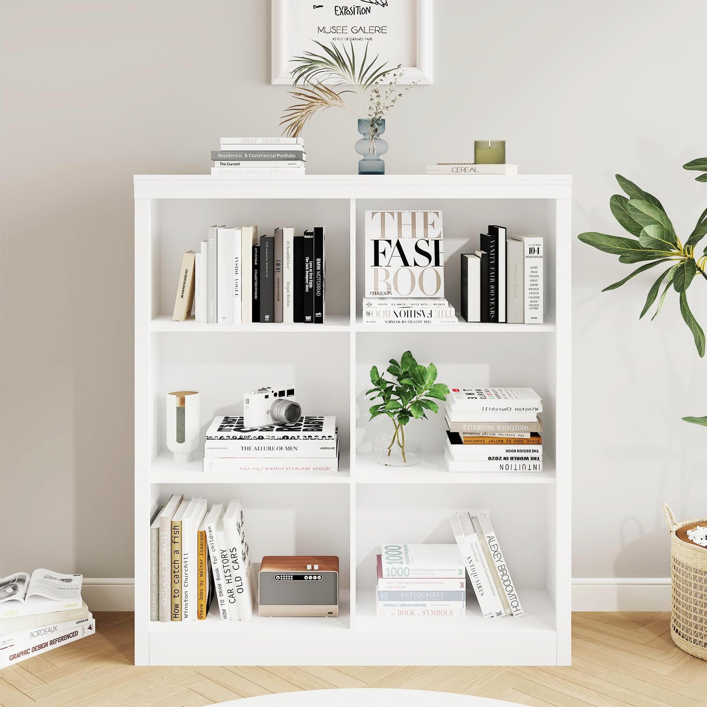 6-Cube Storage Organizer Bookshelf, Farmhouse Wooden Bookcase with Open Shelves, Horizontal Standing Display Cabinet for Home Office, Living Room and Bedroom