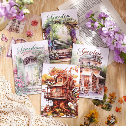 Knaid Scenery Sticker Set (490+ Pieces, 80 Sheets) 4 Pack Sticker Books Blooming Windows, Garden Houses, Enchanted Forest, Garden Fences Journaling Stickers for Scrapbook Bullet Junk Journals Planner