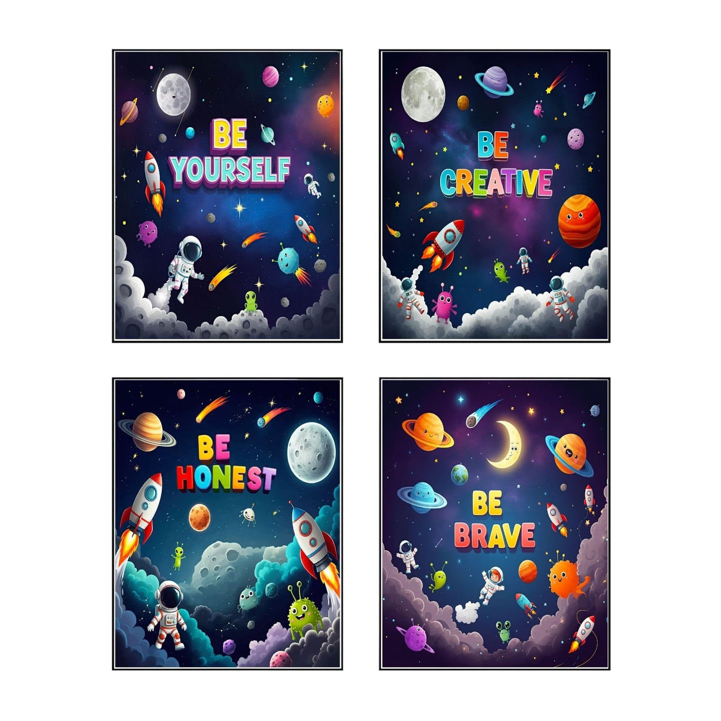 Bentolvia Set of 4 Outer Space Posters for Kids, 8 x 10 Inches Unframed Inspirational Art Decor for Boys and Girls, Playroom and Nursery Space Wall Art