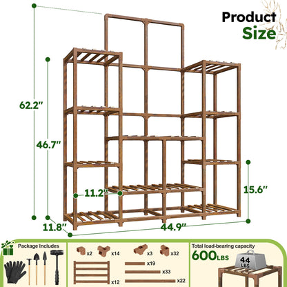 EnHomee Plant Stand Indoor Wood Plant Stand Outdoor Tiered Plant Shelf for Multiple 16-21 Potted Plants for Living Room Patio Balcony Yard Garden 44.9" W x 11.8" D x 62.2" H