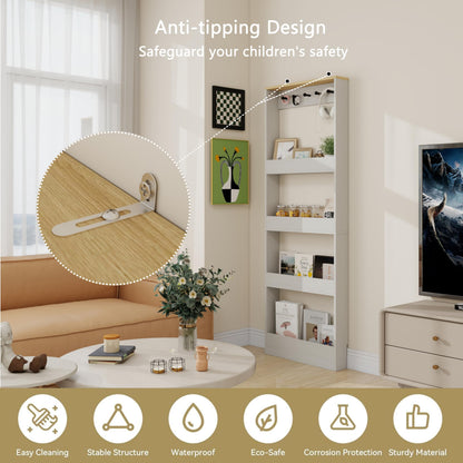 Locsear Behind the Door Bookshelf - Ultra Slim Hidden Storage Cabinet for Kids Room | 4-Tier White Wooden Bookcase with Hooks