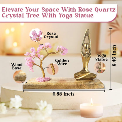HOME INFINIX Rose Quartz Crystal Tree with Golden Yoga Figurine – Handmade Bonsai Gemstone Tree on Wooden Base for Healing & Positivity, Meditation, Feng Shui, Reiki, Spiritual Home Decor, Zen Gift