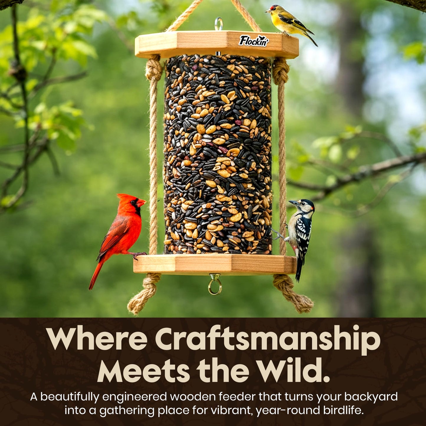 Cylinder Bird Feeders for Outdoors - Weather Resistant Wood Cylinder Feeder with a Bird Safe Protective Clear Finish - Holds Bird Seed Cylinders with Hole, Logs, & Birdseed Cakes