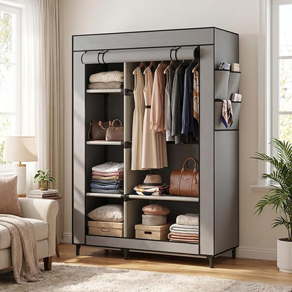 Calmootey Portable Closet Organizers, Clothing Storage, Wardrobe with 6 Shelves and Hanging Rod, Non-Woven Fabric Cover with 4 Side Pockets, Grey