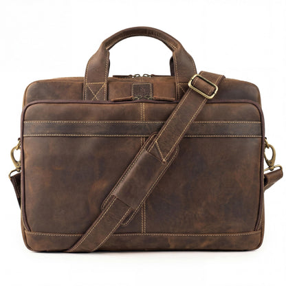 Mens Full Grain Leather Briefcase Fits 16 Inch Laptop, Leather Laptop Messenger Shoulder Satchel, Vintage Professional Work Office Bag - Brown