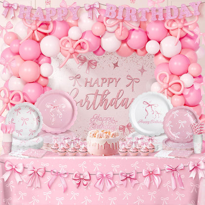 Pink Bow Coquette Birthday Decorations for 24 Guests, Party Supplies with Plates, Napkins, Cups, Balloon Garland Arch, Happy Birthday Banner, Tablecloth, Backdrop, Cake & Cupcake Toppers