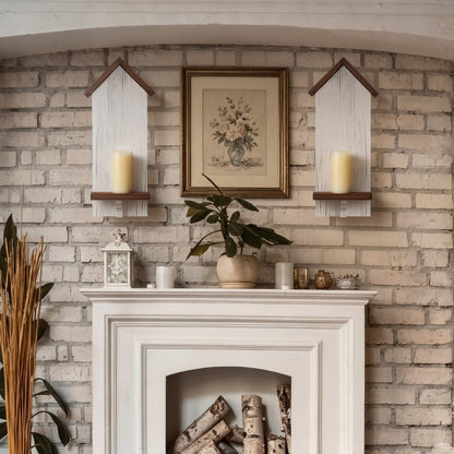 Xuhal 2 Pcs Farmhouse Candle Sconces Wall Decor Rustic Wooden Candle Holders Distressed White Candles Sconces Farmhouse Hanging Wall Decoration for Fireplace Mantel Aisle Display Shelves