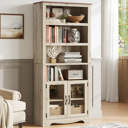 LINSY Bookshelf with Doors, 6 Shelf Bookcase Tall Bookshelves, 73" Farmhouse Book Shelf with Storage Cabinet, Wood Book Shelves for Living Room, Bedroom, Office, Rustic White