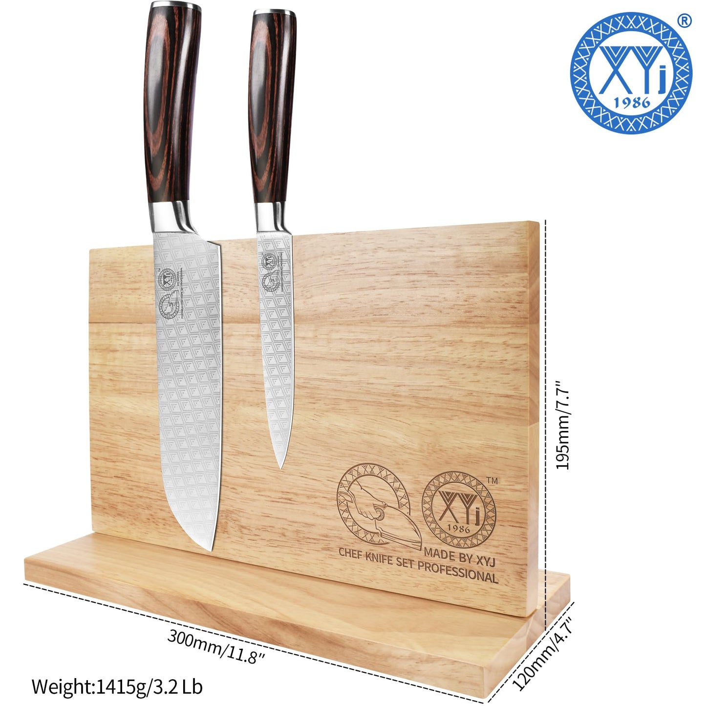 XYJ Authentic Since 1986, Magnetic Knife Block, Double Side Kitchen Knife Stand, Acacia Wood, Magnetic Knife Holder with Strong Enhanced Magnets,Knives Storage Rack Stand for Home Kitchen
