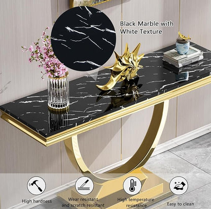 4 Piece Living Room Table Set Include 1 Faux Marble Coffee Table & 2 End Tables & 1 Console Table, Modern Black Gold Coffee Table Set of 4 with Double O Shape Stainless Steel Pedestal Base