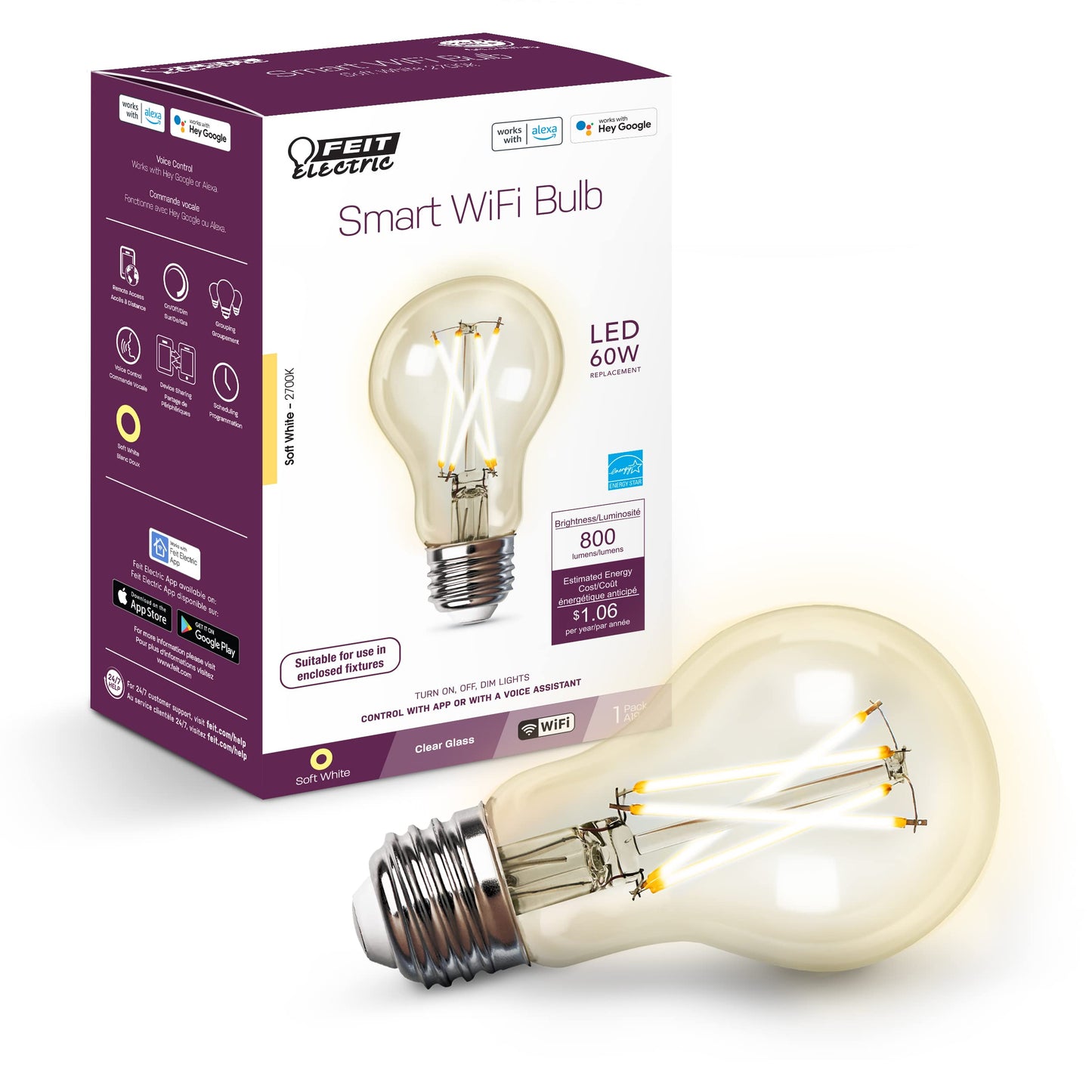 Feit Electric Smart Light Bulbs, 2.4Ghz WiFi Light Bulbs, No Hub Needed, Works with Alexa and Google, Dimmable 60 Watt = LED 9W, OM60/950CA/AG/3, 5000K Day Light, 3 Pack