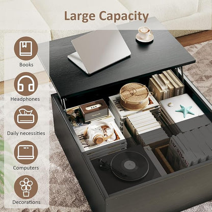 HUAHUU Lift Top Coffee Table, 31.5" Square Coffee Tables with Storage, Coffee Table with Large Hidden Compartment, Center Table with Lifting Tabletop, for Living Room, Black