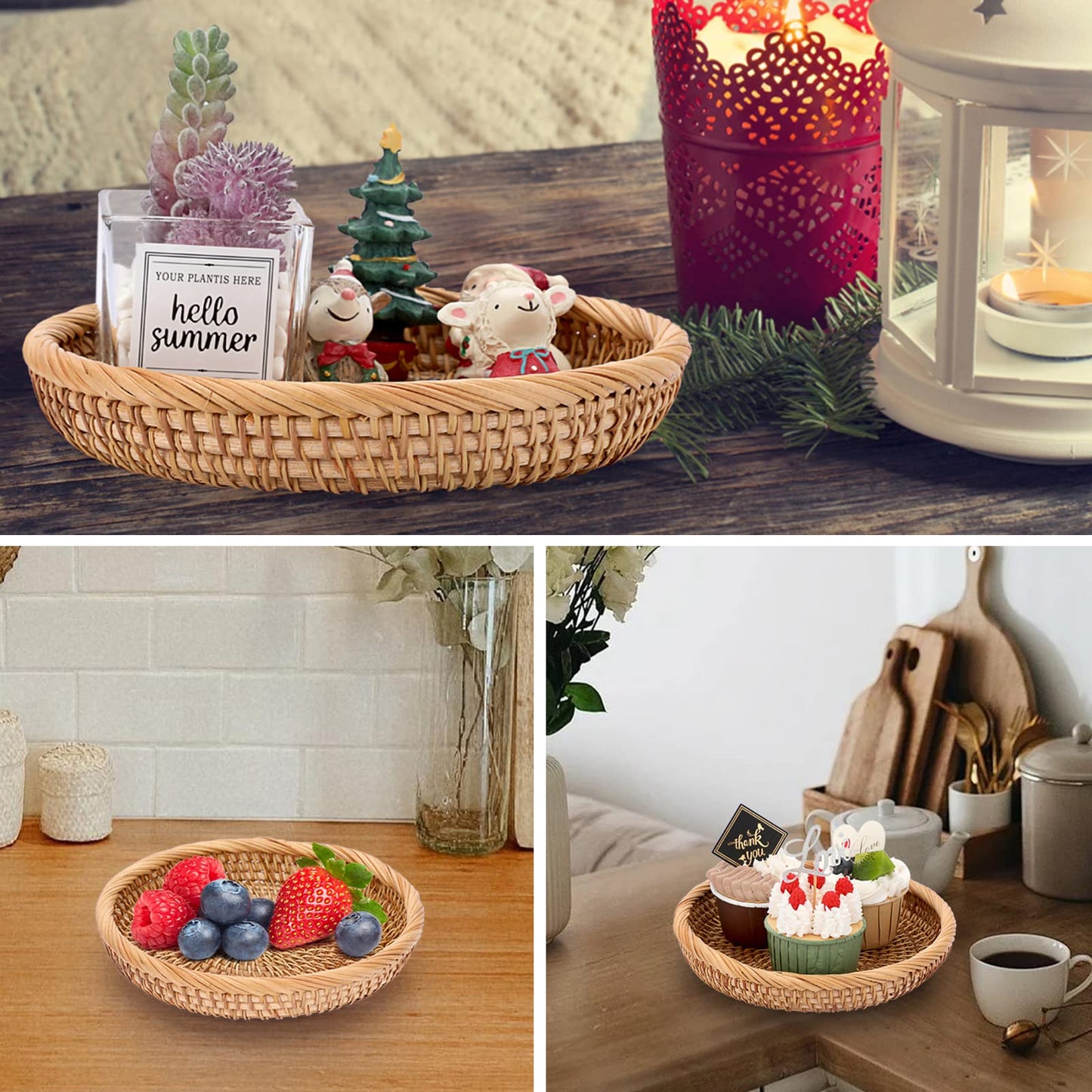 Hipiwe Set of 3 Key Basket Bowl for Entryway Woven Wicker Storage Basket Bowl Round Rattan Serving Basket Tray Fruit Snacks Candy Organizer Bowl for Keys Wallet Cell Phone Home Decor