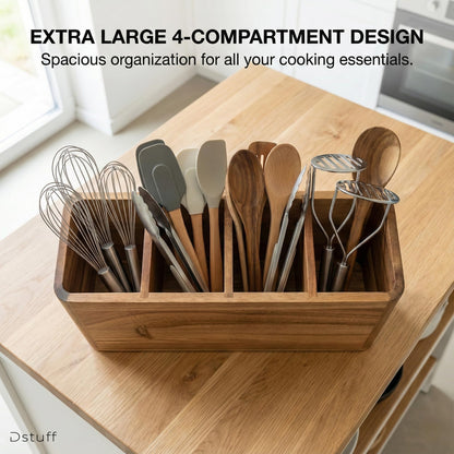 Dstuff Large Kitchen Utensil Holder Organizer for Counter or Countertop, Wooden Storage Container for Cooking and Silverware, Acacia Rustic Wood (4 Compartments)