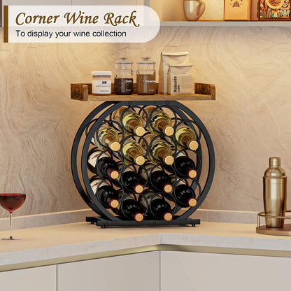 X-cosrack 14 Bottles Countertop Wine Rack with Wooden Tabletop, Round Metal Freestanding Wine Storage Holder, Wine Racks Countertop Wine Bottle Organizer Display Stand for Pantry Home Kitchen Bar