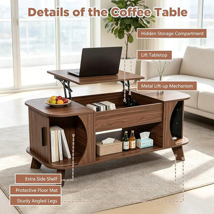 Lift Top Coffee Table with Storage, Wood Tabletop Center Table with Large Storage Shelf, Mid Century Modern Coffee Table for Living Room
