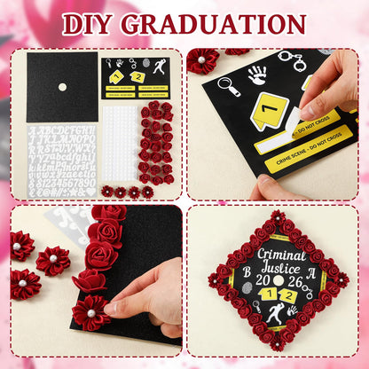 Dunzoom 39 Pcs Criminal Justice DIY Graduation Cap Decorations Set Grad Cap Topper Artificial Flowers Crime Scene-themed Number & Letter Stickers for Wreath Grad Hap Graduation Ceremony Party Supplies