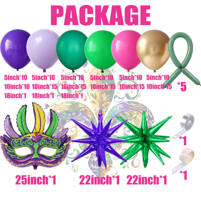 Mardi Gras Purple Green Hot Pink Gold Balloon Garland Arch Kit 156Pcs with Large Mardi Mask Explosion Star Foil Balloons for Carnival Birthday Masquerade Party Decorations Fat Tuesday Party Supplies