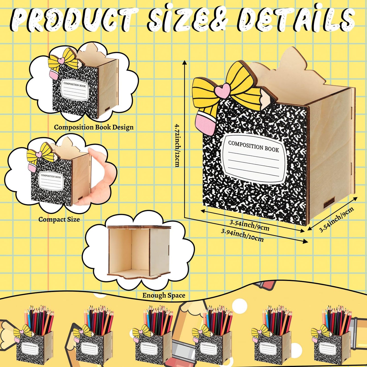 Zhehao 6pcs Composition Book Shaped Pen Holders for Desk Back to School Notebook Wooden Pen Storage Organizer, Cute Desktop Pencil Cups, Stationery Pot Bulk for Teacher Classroom Office Supplies