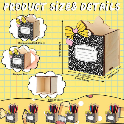 Zhehao 6pcs Composition Book Shaped Pen Holders for Desk Back to School Notebook Wooden Pen Storage Organizer, Cute Desktop Pencil Cups, Stationery Pot Bulk for Teacher Classroom Office Supplies
