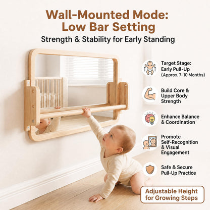 Woodtoe 3-in-1 Montessori Mirror with Bar, Adjustable Toddler Mirror & Pull Up Bar, Montessori Learning Toy for Baby 6-18 Months, Nursery Mirrors, Natural Wood Furniture for Daycare, Kids Classroom