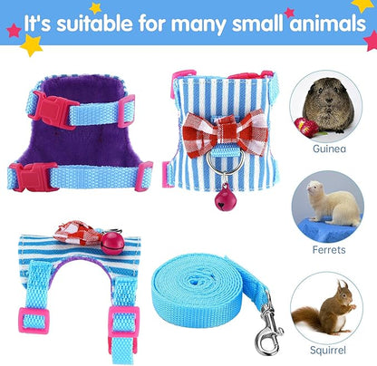 2 Pieces Hamster Harness and Leash Set for Walking, Small Guinea Pig Clothes with Bowknot Bell, No Pulling Comfort Padded Vest Striped for Guinea Pig Hamster Ferret, Small Animals (Blue, Pink,S)