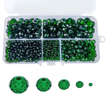 JEBBO 1000pcs Green Rondelle Crystal Glass Beads 2mm 4mm 6mm 8mm 10mm Mixed Sizes, Faceted Briolette Crystal Glass Spacer Beads for Jewelry Making with Container Box