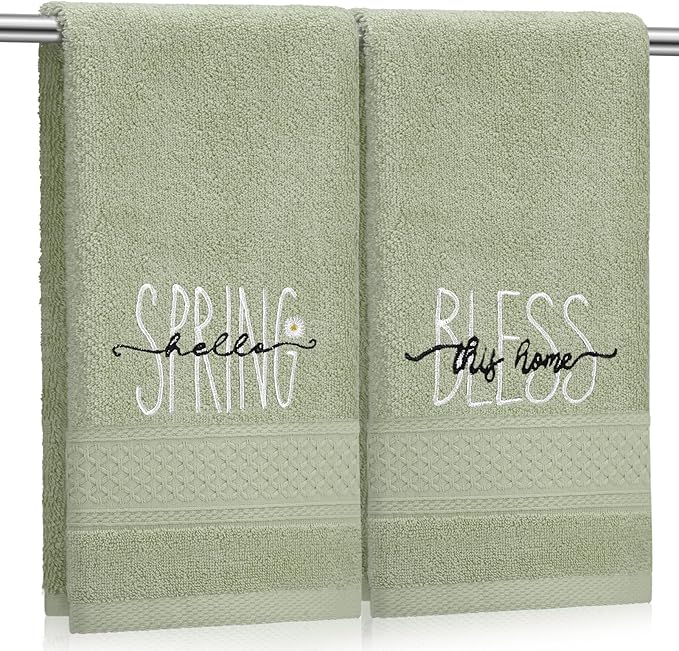 2 Pcs Hello Spring Hand Towels Gray Green Bathroom Decor 14x29 Inch 100% Cotton