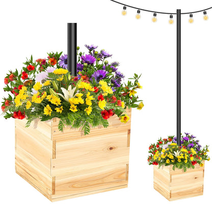 Wonderjune Large Decorative Wooden Planter 15.7" x 15.7" x 15.3" Umbrella Planter Solid Wood Garden Patio Box with Universal Rod Adapter Support for String Light Poles, Umbrellas (Without Pole)