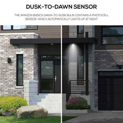 Amazon Basics A19 Dusk to Dawn Sensor LED Outdoor Light Bulb, 60W Equivalent, Energy-Efficient 9W, Daylight 5000K, E26 Base, 10,000 Hours, 2 Count (Pack of 1)