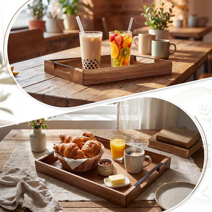 Sliner 2 Pcs Acacia Wood Serving Tray with Metal Handles, 17x13 Inch Large Ottoman Trays for Coffee Table, Breakfast in Bed, Dinner, Bar Serving, Farmhouse Decorative Storage Tray for Ottoman, Kitchen