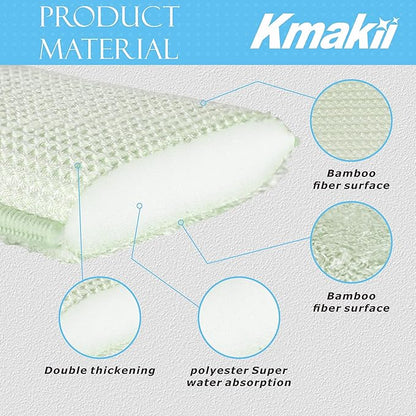 KMAKII Bamboo Kitchen Sponges Dish Sponge Super Absorbent Natural Dish Sponges, Green, Pack of 6