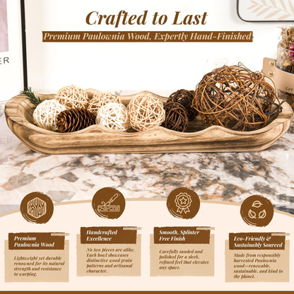 Kondito Wavy Edge Wooden Dough Bowl for Decor 16" L Lightweight Paulownia Wood Hand Carved Decorative Wooden Farmhouse Fruit Bowl Handmade, Home Decoration Centerpiece, Table Display Bowl