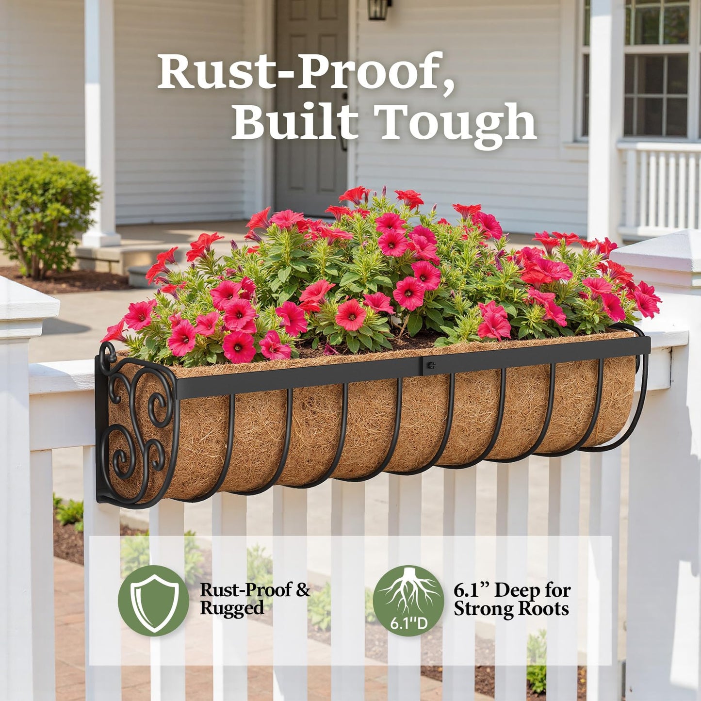 VOXOR Railing Planter Boxes, 24 Inch Window Boxes Planters, Balcony Planters with Adjustable Brackets & Coco Liner for Outdoor Fence, Deck, Porch, and Patio Gardening, 2 Pack