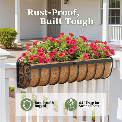 VOXOR Railing Planter Boxes, 24 Inch Window Boxes Planters, Balcony Planters with Adjustable Brackets & Coco Liner for Outdoor Fence, Deck, Porch, and Patio Gardening, 2 Pack