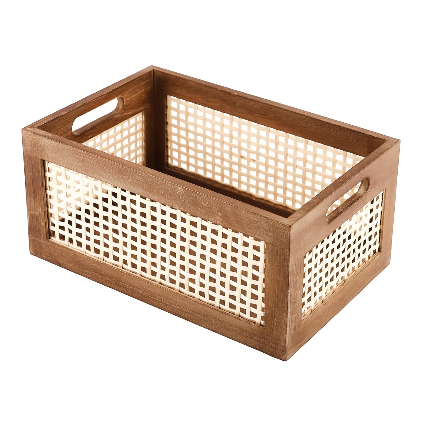 HODAKJUE Boho Wooden Storage Basket with Bamboo Woven Panel, Decorative Handle Organizer Bin for Shelves, Kitchen, Pantry, Closet & Countertop, 11.81 x 7.87 x 5.51 Inch