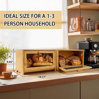 EQEY Bamboo Bread Box for Kitchen Countertop,Large Bread Storage Container with window,Modern Bread Storage Bin for Homemade Bread Organizer (Single Layer)
